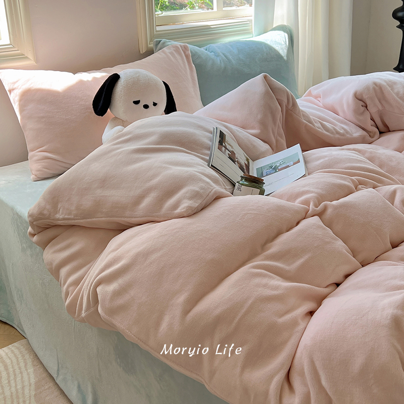 木悠ins纯色混搭牛奶绒四件套冬季加厚保暖珊瑚绒宿舍床上三件套