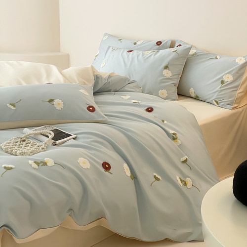 木悠小清新雏菊毛巾绣全棉高支100s贡缎长绒棉四件套纯棉被套床单