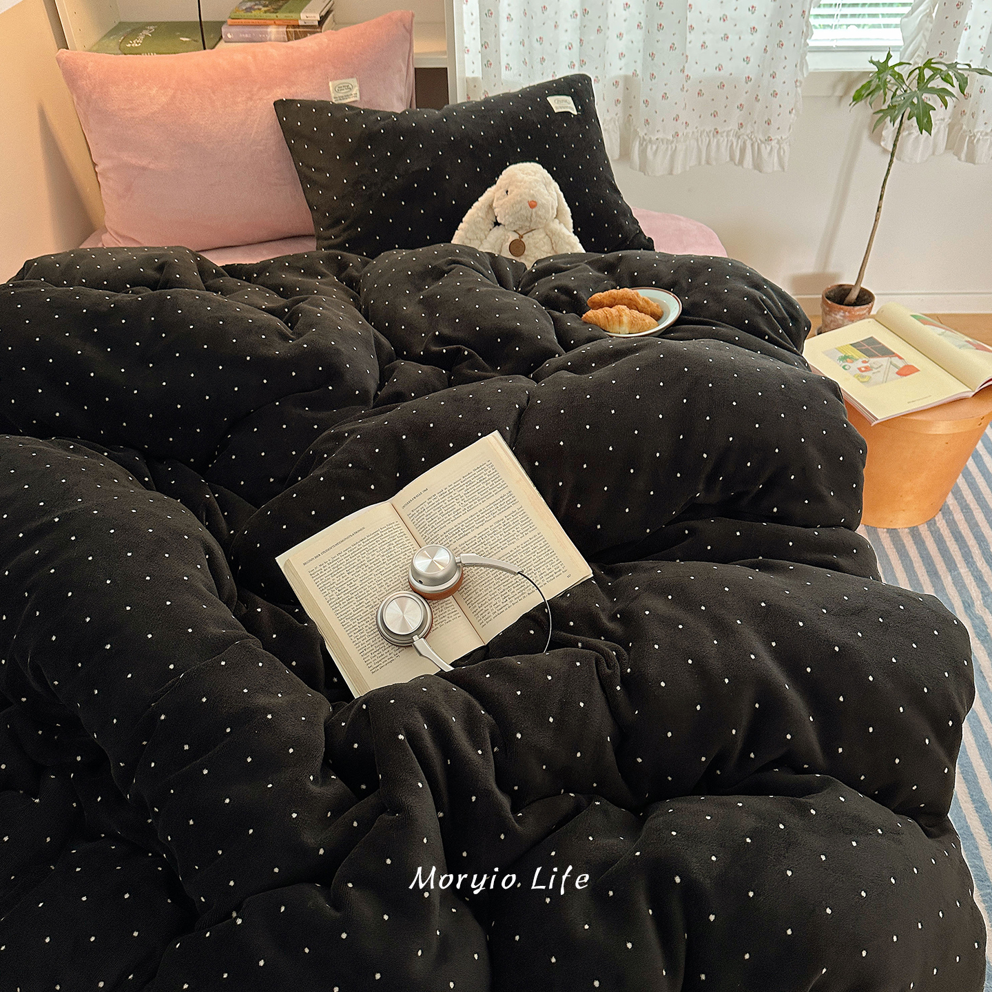 木悠ins简约波点秋冬保暖牛奶绒四件套珊瑚绒加厚被套床单三件套