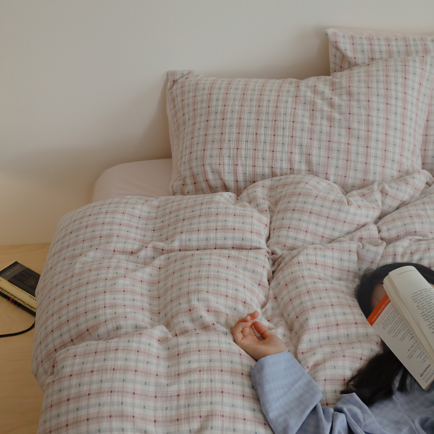 木悠小清新提花小格子全棉双层纱四件套裸睡亲肤纯棉被套床单床笠