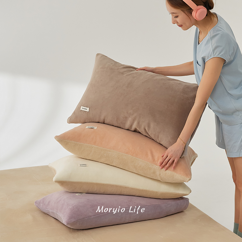 木悠简约双拼加厚保暖牛奶绒枕套冬季珊瑚绒48cmx74cm单个枕头套