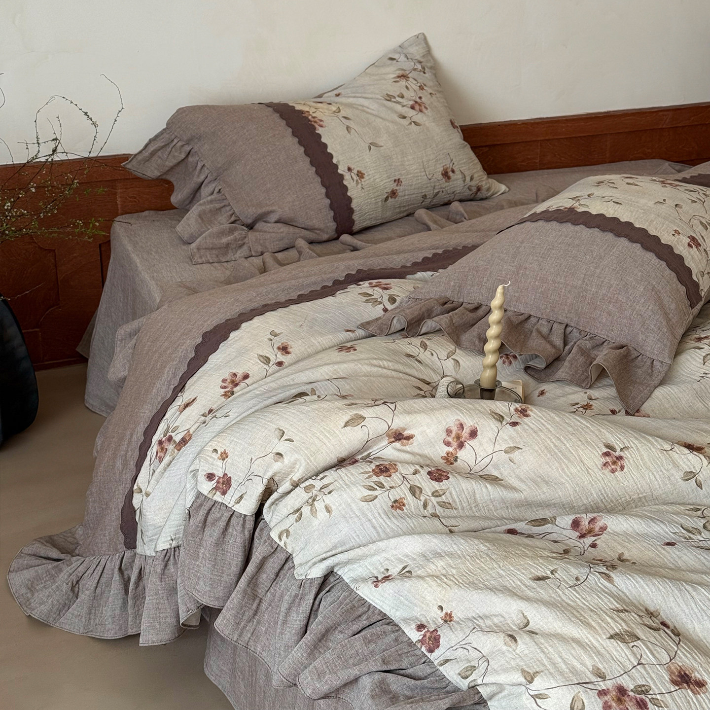 木悠法式复古印花棉麻四件套全棉皱皱双层纱花边被套床单床上用品