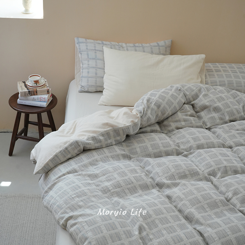 木悠简约格子色织提花双层纱四件套全棉纯棉裸睡软糯纱布被套床单