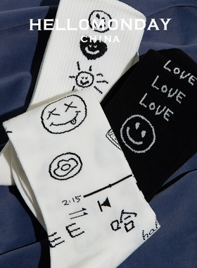 HELLO MONDAY黑白色中筒笑脸袜子男女韩国街头可爱心ins潮学院风
