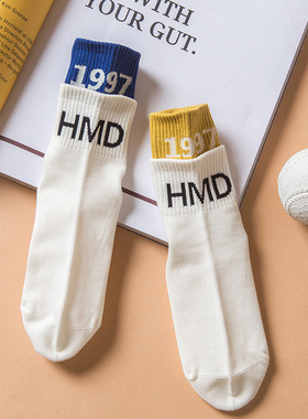 HELLO MONDAY白色袜子女中长筒字母1997双层袜口运动袜男ins潮袜