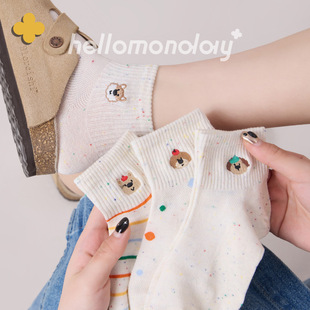 袜子女可爱卡通小狗彩色点子纱短筒棉袜网眼透气无骨短袜夏季 薄款
