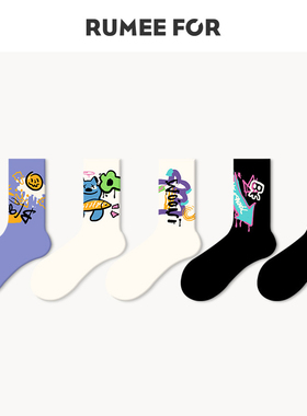 紫色袜子无骨缝头情侣袜ins潮街头个性涂鸦运动秋冬外穿中筒棉袜