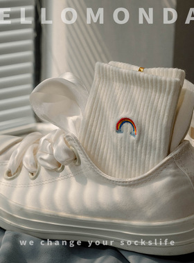 HELLO MONDAY袜子女中筒袜男白色彩虹刺绣学院风情侣长袜无骨接头