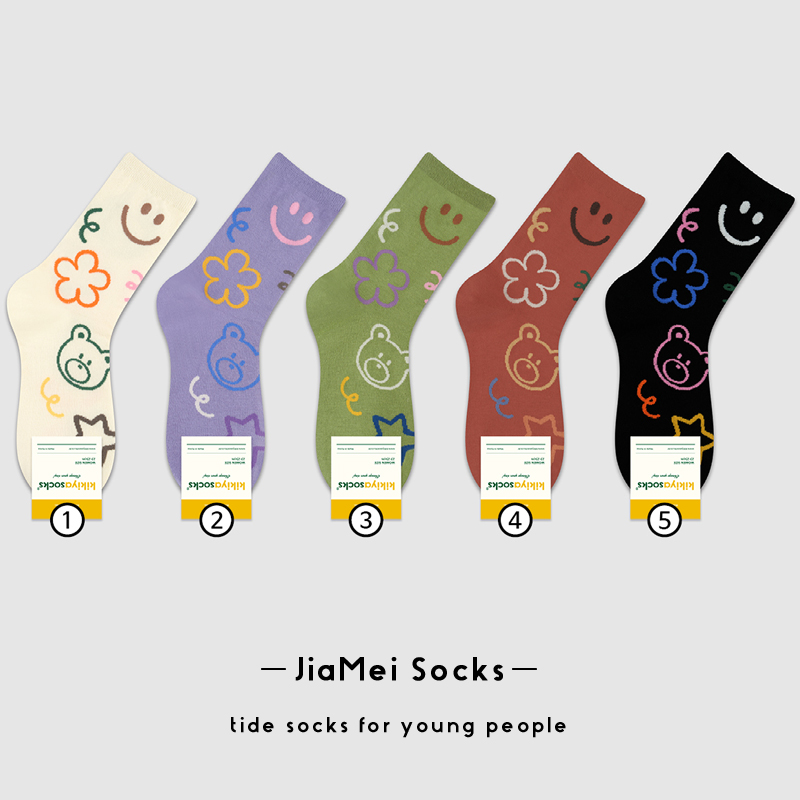 kikiyasocks小熊小花笑脸中筒袜