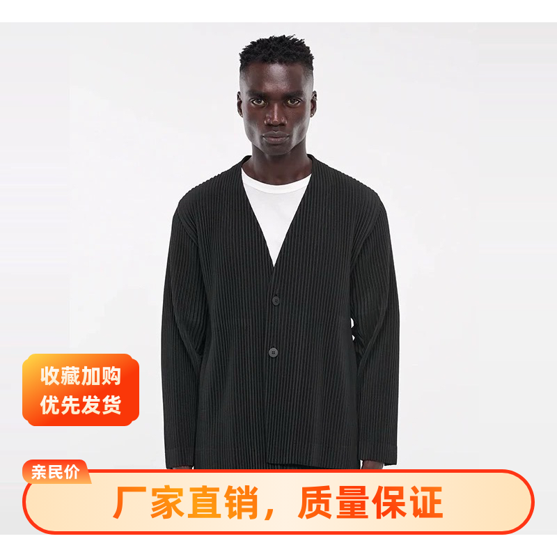 三宅衣库褶皱男装2025款秋冬季西服夹克休闲外套无领V领宽松JD151