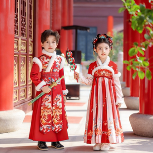 汉服男女童秋冬红色儿童拜年服国风年服加厚唐装古装元旦演出服装