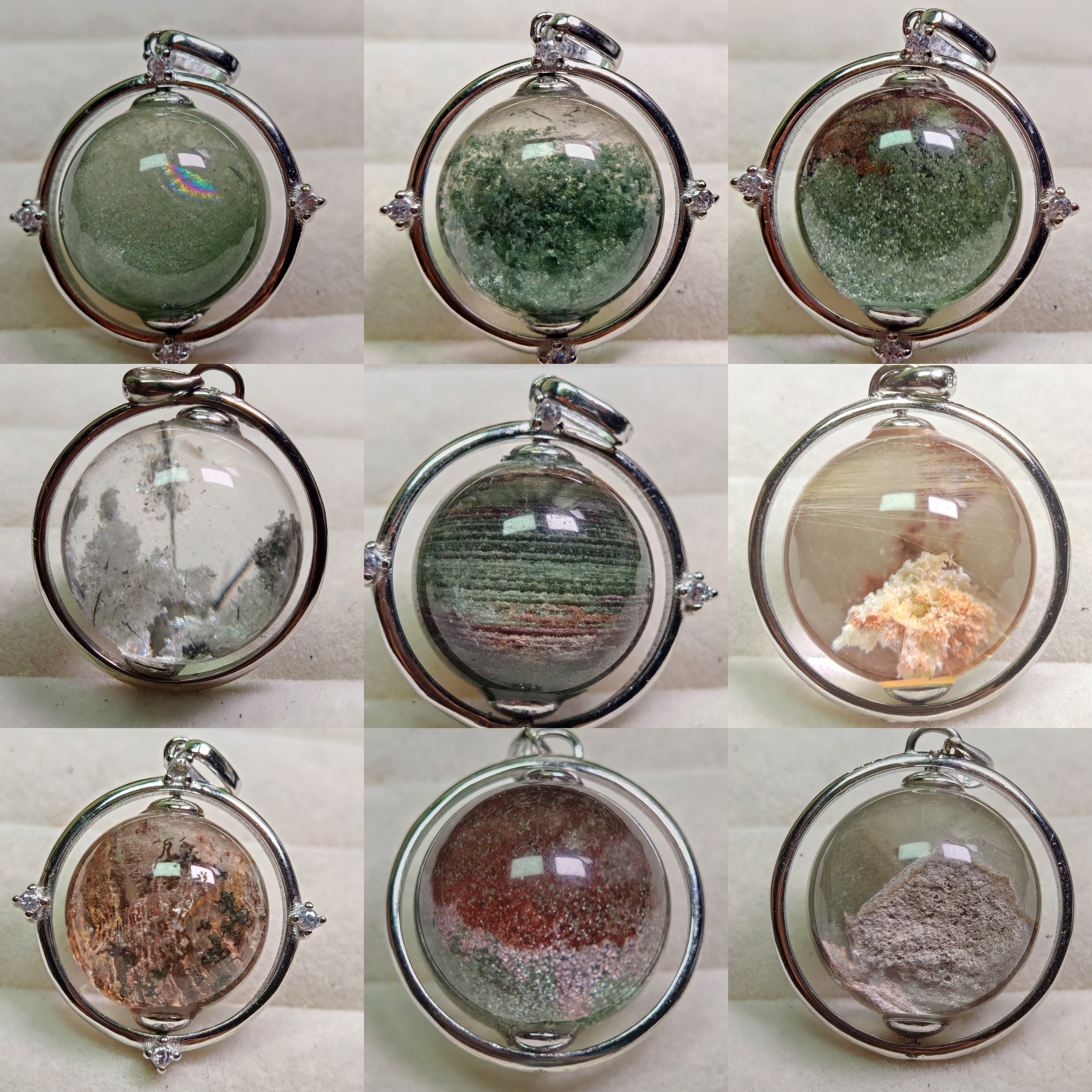 S925银镶嵌360度可旋转球天然彩幽灵球莫奈幽灵毛衣链吊坠简约22