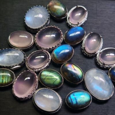 S925银镶嵌莫桑粉粉晶拉长石魔盒DIY手链可做吊坠双耳串手串118