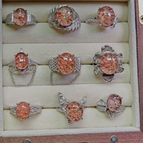 S925纯银镶嵌天然粉幽灵桔粉粉彩幽灵水晶戒指活口可调8号