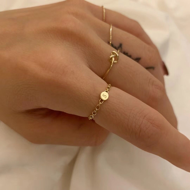 韩国纯14k金黄金戒指 麻花杆小圆牌刻字母桃心好运结k纯金指环女