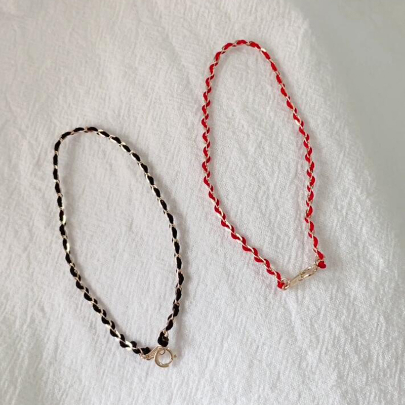 jmo韩国纯14k金手链女 气质百搭方格链编织红绳黑绳k黄金手链脚链
