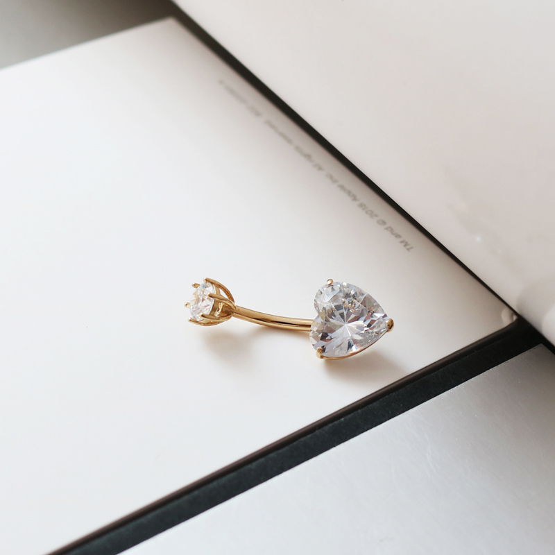 jmo韩国纯14k金黄金脐环 闪耀桃心锆石镶嵌k纯金肚皮舞脐钉女