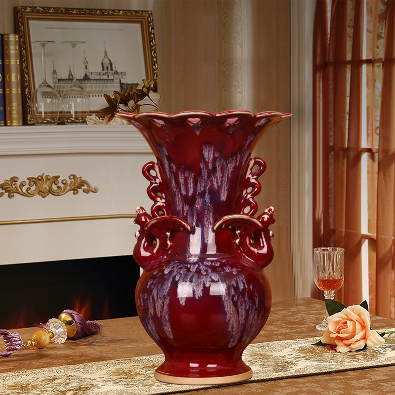 瓷器工艺品花瓶钧瓷办公室桌面摆件家居客厅双龙耳荷口花瓶