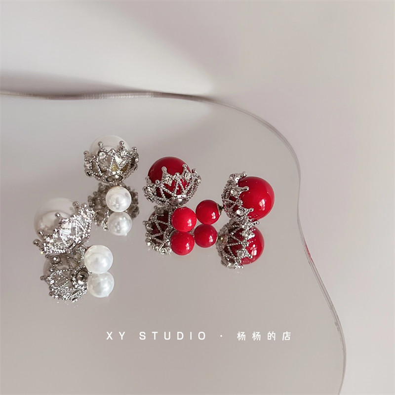 XY STUDIO包邮 韩版甜美质感前后珍珠水钻两用耳钉S925银针耳环女