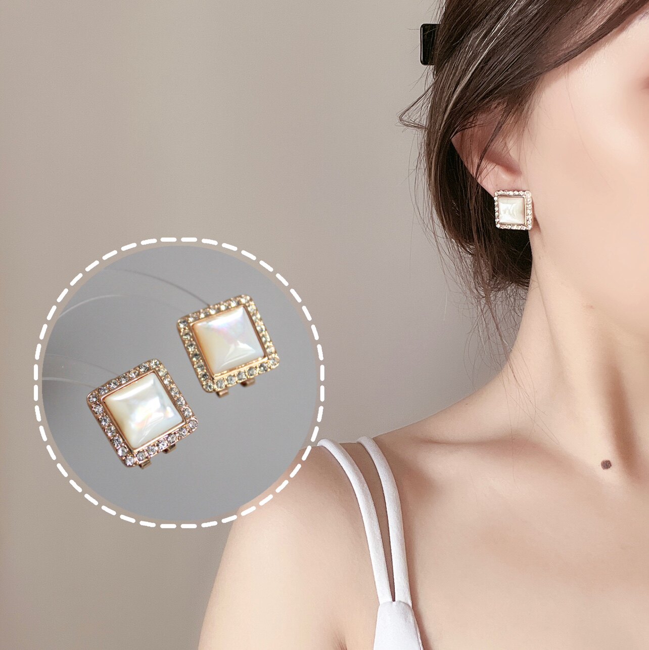 XY STUDIO包邮 简约大气上班族气场方形贝母质感水钻耳钉耳夹百搭
