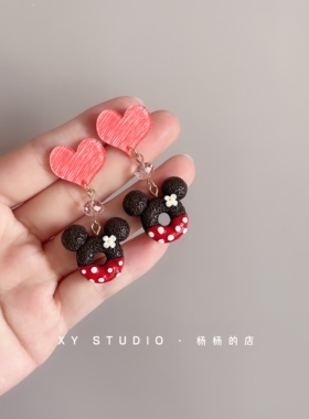 XY STUDIO包邮 卡通手作款耳钉耳环老鼠爱心耳夹定制女童趣闺蜜