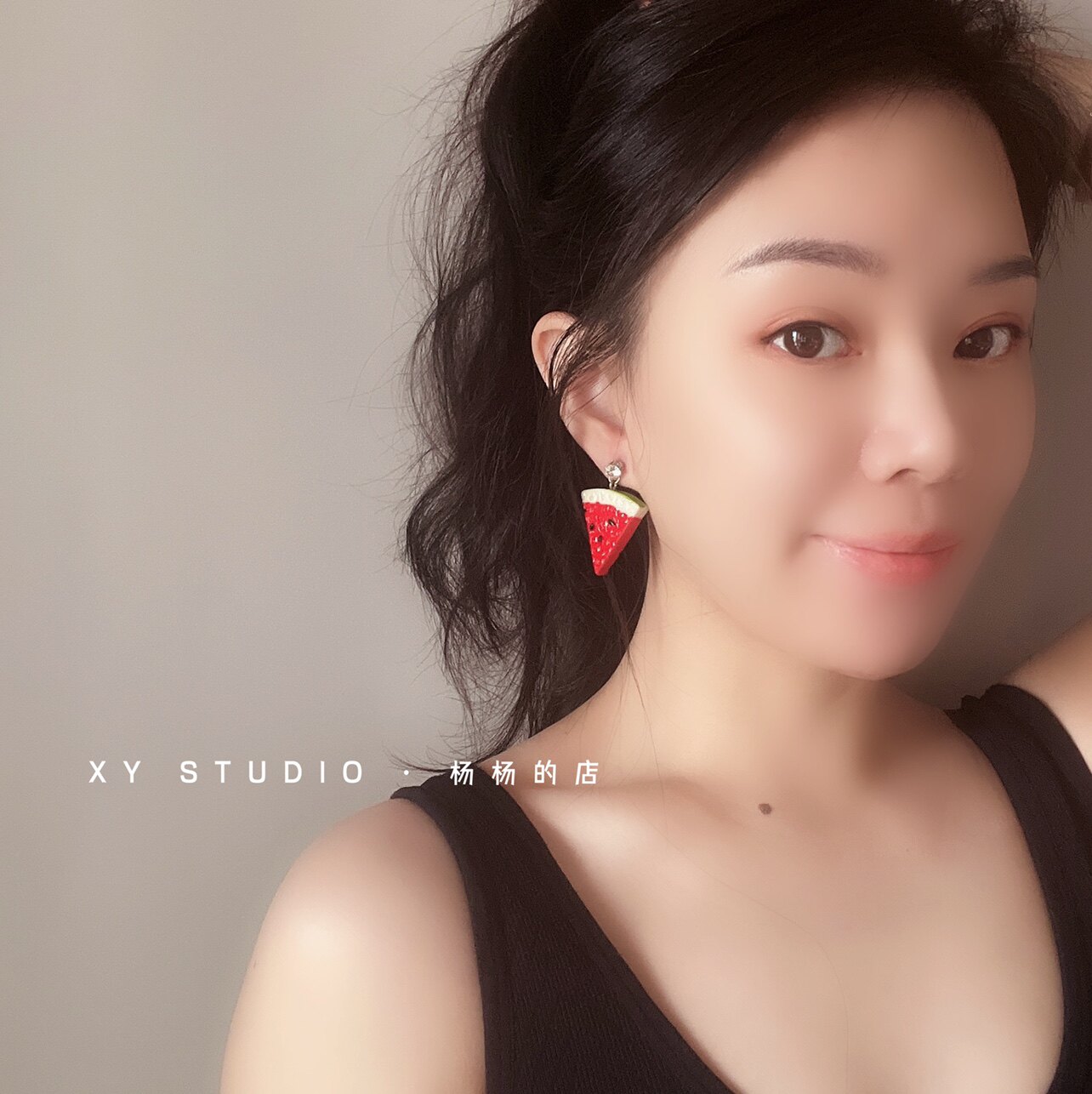 XY STUDIO包邮 手作款耳钉耳环夏季西瓜清凉水钻可爱拍照耳饰