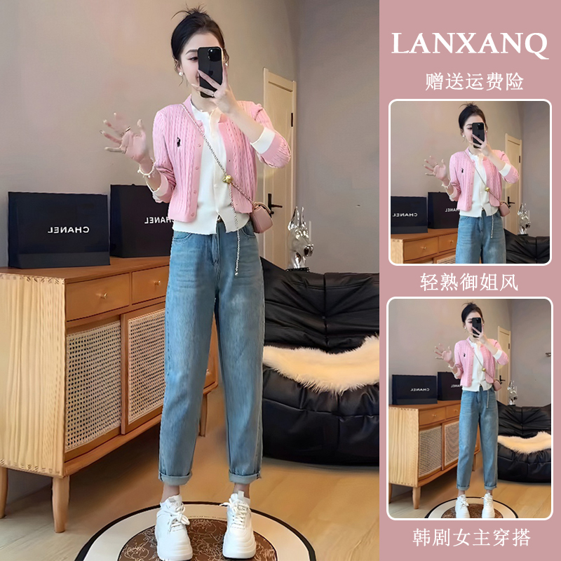 秋装搭配一整套时尚小个子梨形身材穿搭设计感假两件针织两件套装