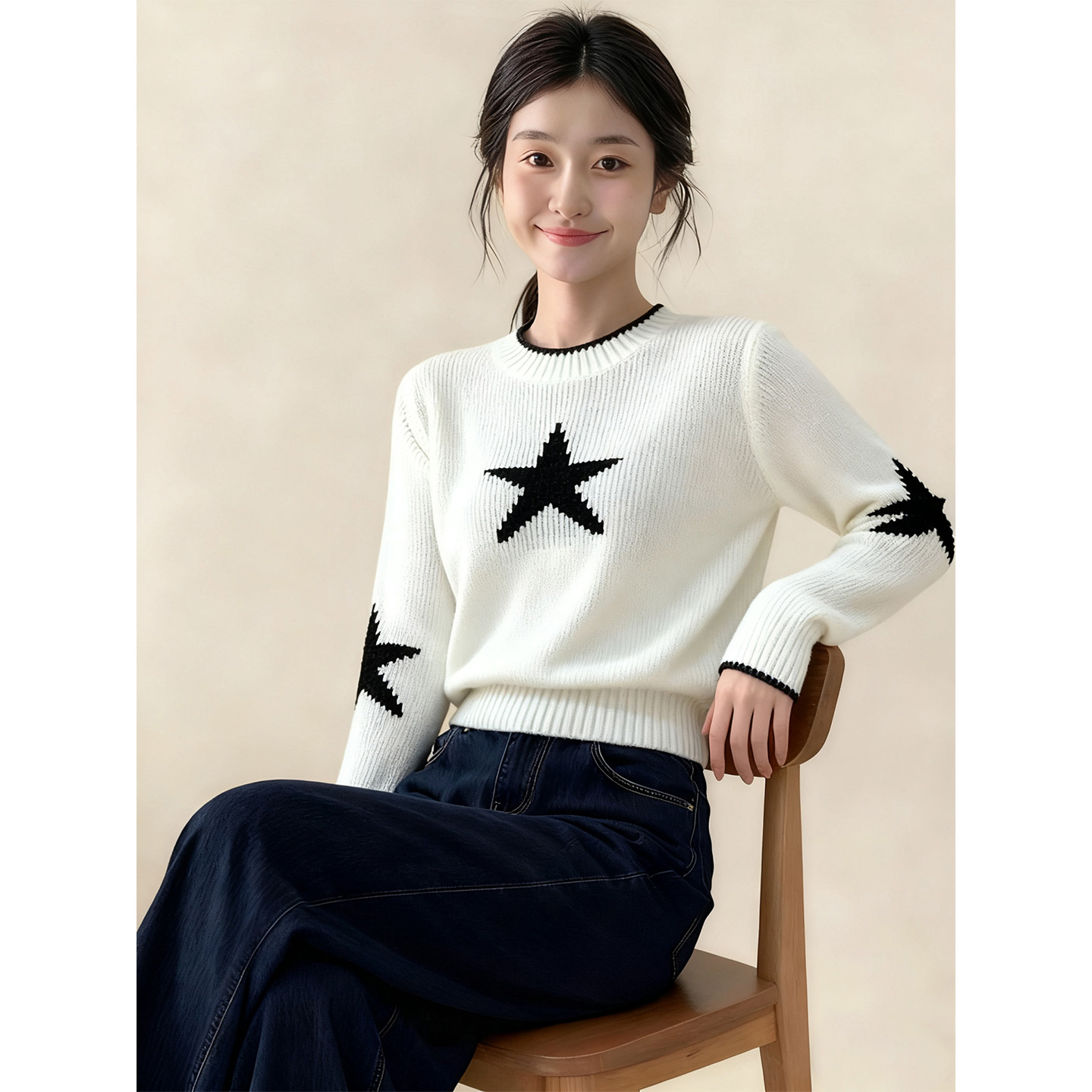 ROUMIKL2025冬装搭配一整套小众设计感星星图案撞色针织衫牛仔裤