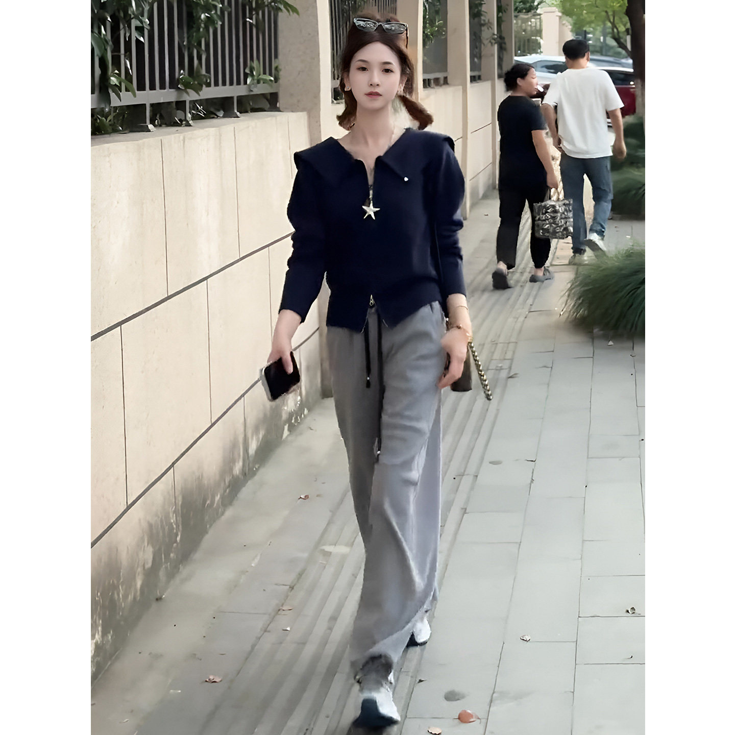 JOYIASS一整套搭配秋装设计感显瘦小香风连帽针织开衫高腰阔腿裤