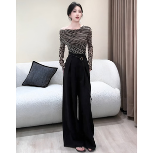 ROUMIKL韩系早秋穿搭一整套纯欲风斜领斑马纹修身T恤高腰垂感阔腿