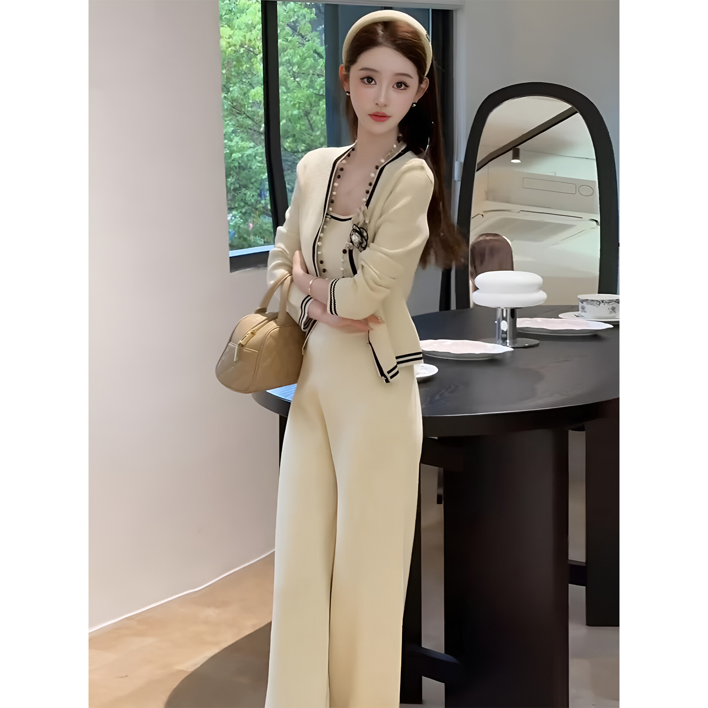 JOYIASS秋日一整套ootd穿搭韩系漂亮巨好看的撞色针织开衫阔腿裤