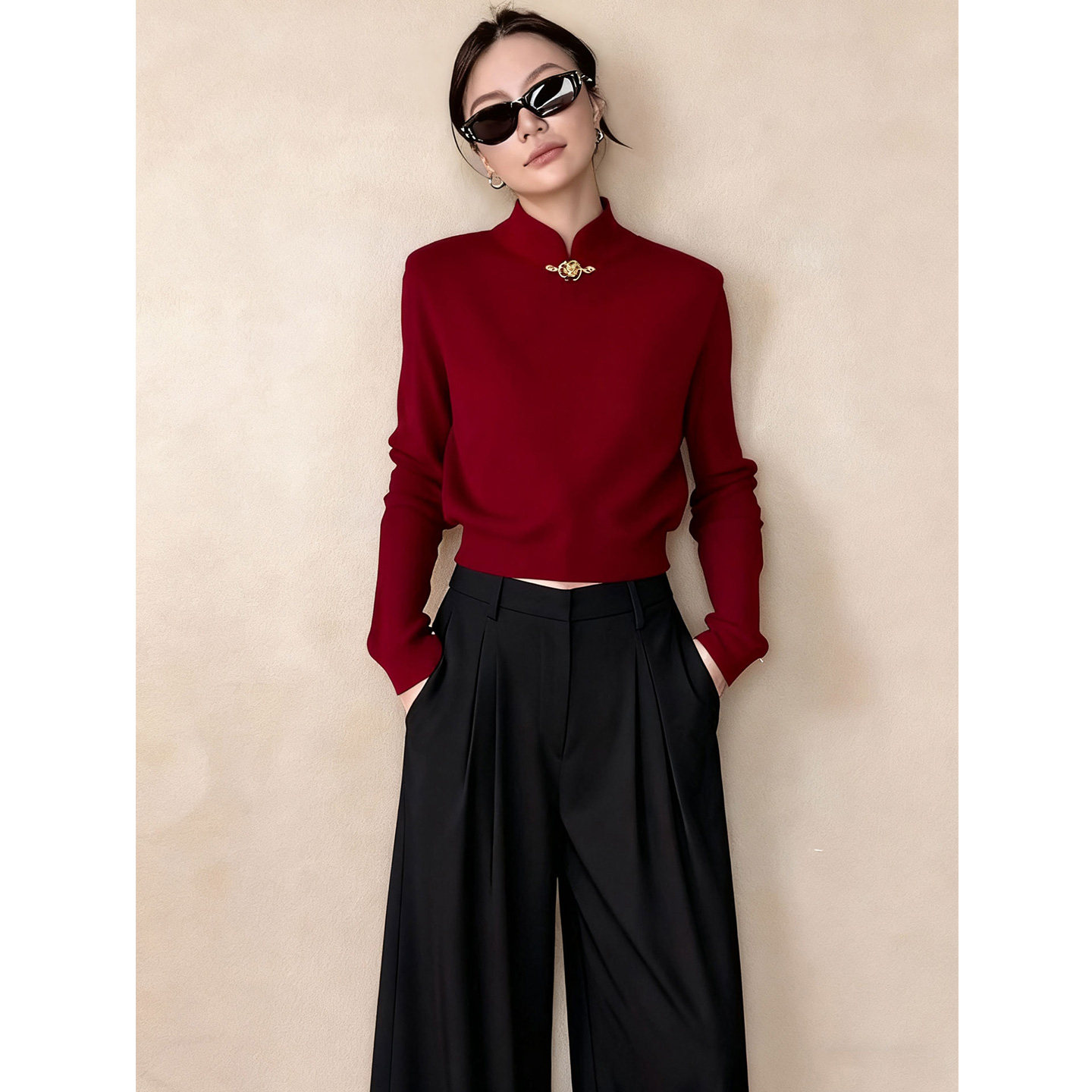 JOYIASS巨好看的秋装一整套ootd穿搭新中式禅意红色针织衫阔腿裤