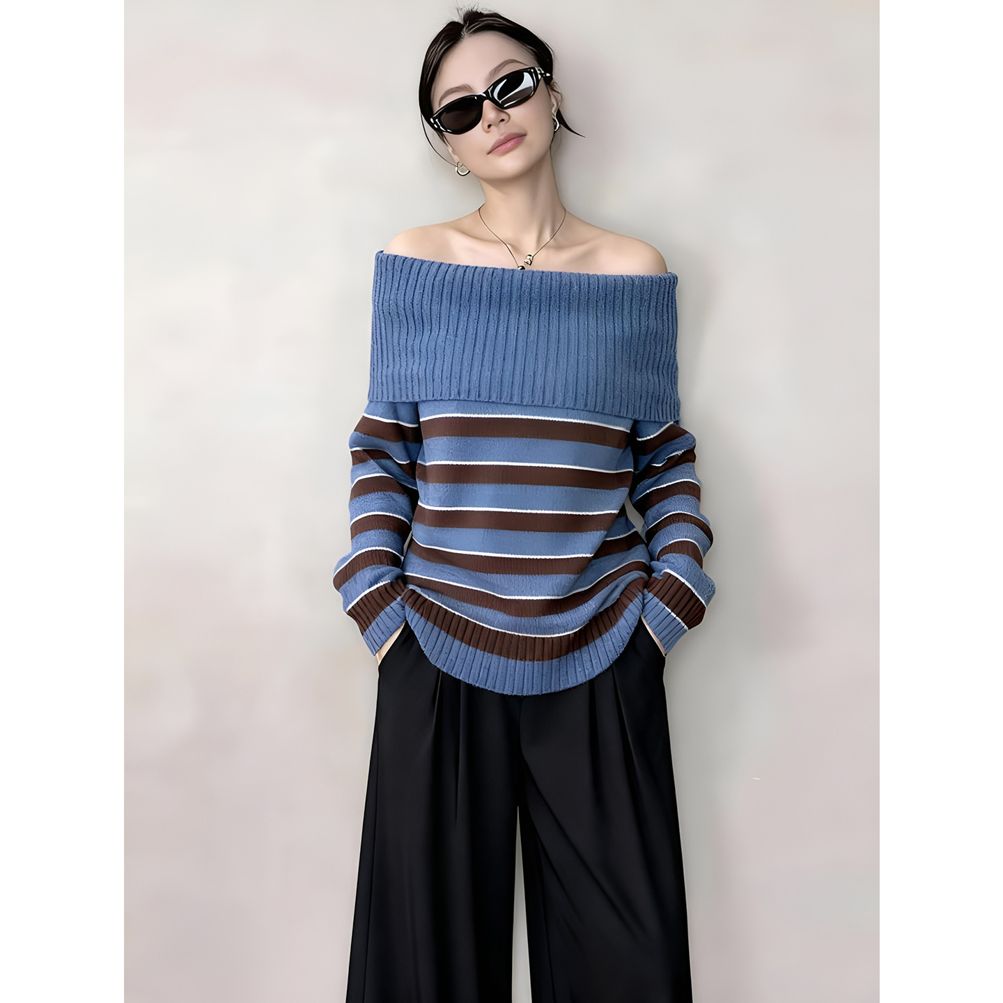 ROUMIKL初冬巨好看的两件套小个子一字肩撞色条纹针织衫阔腿裤洋
