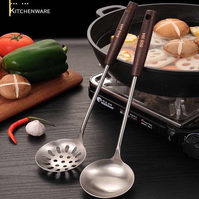 304不锈钢火锅勺子长柄防烫木柄