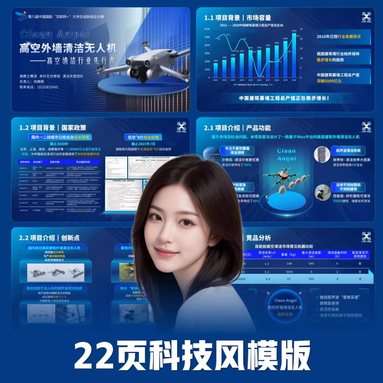 国金创赛PPT模板22页蓝色科技无人机创赛PPT互联网红旅赛道