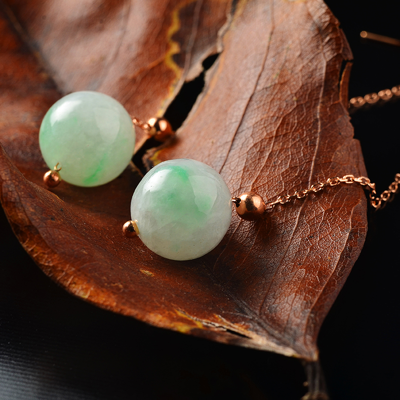 奢华传说 花映浅 悦己系列冰种绿飘花翡翠圆珠耳环18k金长耳线