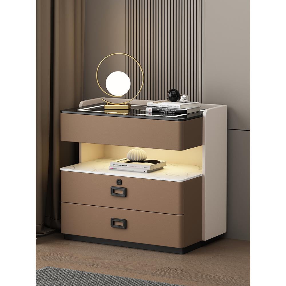 米悦智能实木床头柜轻奢简约家用卧室储物床边柜多功能三抽整装收