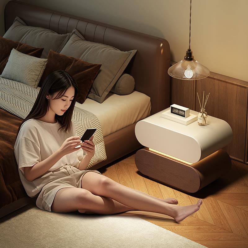 米悦免安装实木床头柜简约现代带灯落地式整装奶油风床边柜皮质中