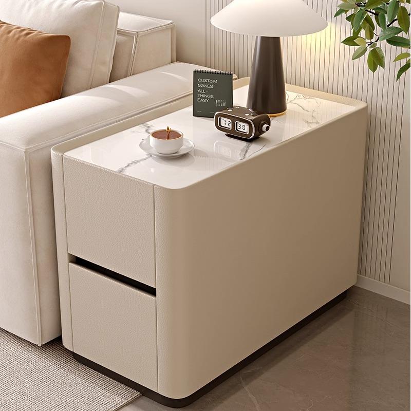 米悦现代简约沙发边柜侧边柜轻奢高级感客厅实木岩板皮质边几茶几