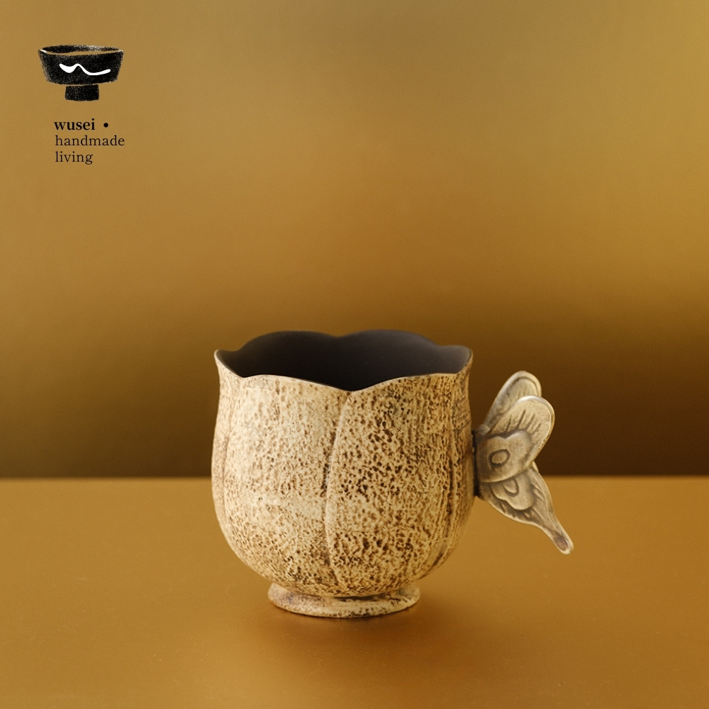 闻说WUSEI石纹粉引鎏银花蝶茶杯