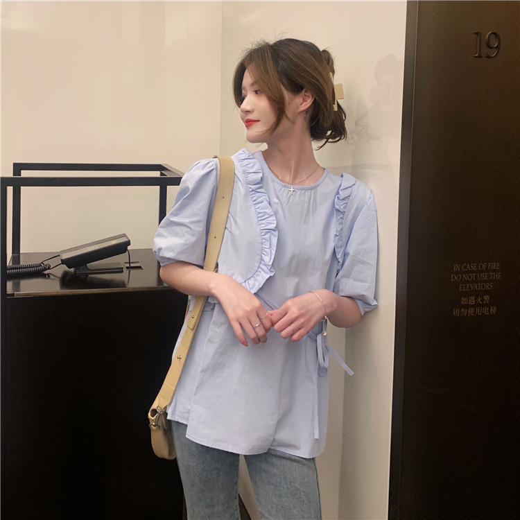 Real shooting and real price spring new design sense three dimensional decoration round neck bubble sleeve short sleeve top