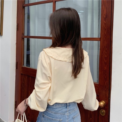 Real price 2021 early autumn new Korean loose doll collar lace up long sleeve shirt women