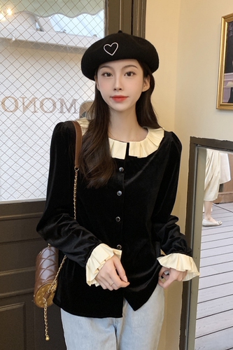 Real shooting real price autumn and winter Korean version golden velvet bottomed baby collar trumpet long sleeve shirt women's blouse