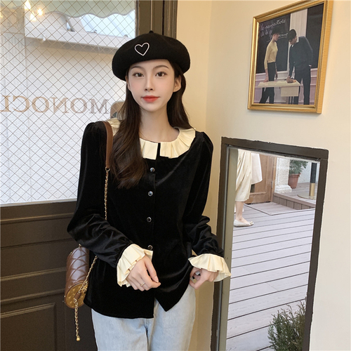 Real shooting real price autumn and winter Korean version golden velvet bottomed baby collar trumpet long sleeve shirt women's blouse