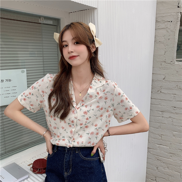 Real price 2021 spring new loose suit collar Floral Chiffon Shirt Short Sleeve