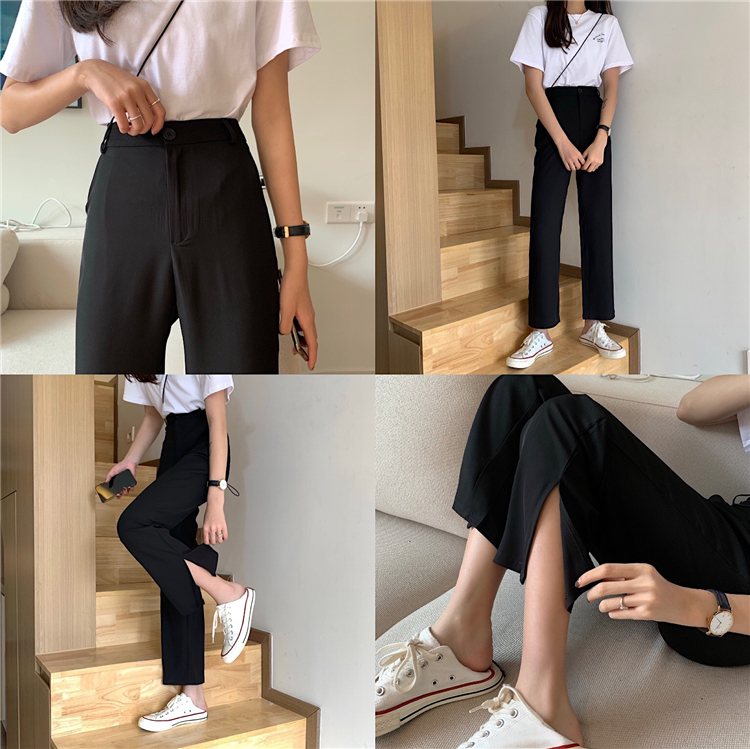 Real price spring and summer high waist show thin drooping feeling Wide Leg Pants Black casual pants mop pants micro La pants female