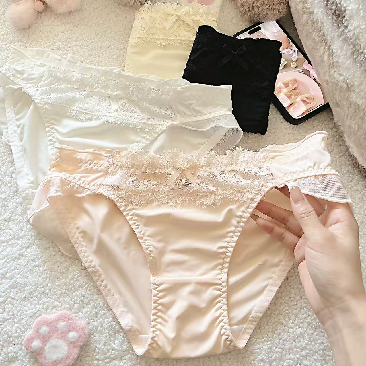 奶油小酪～纯欲蕾丝蝴蝶结冰丝荷叶花边内裤女高开衩性感凉感