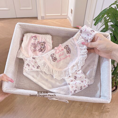 Cute bear~日系围兜小熊蕾丝花边洛丽塔碎花女纯棉裆内裤新款
