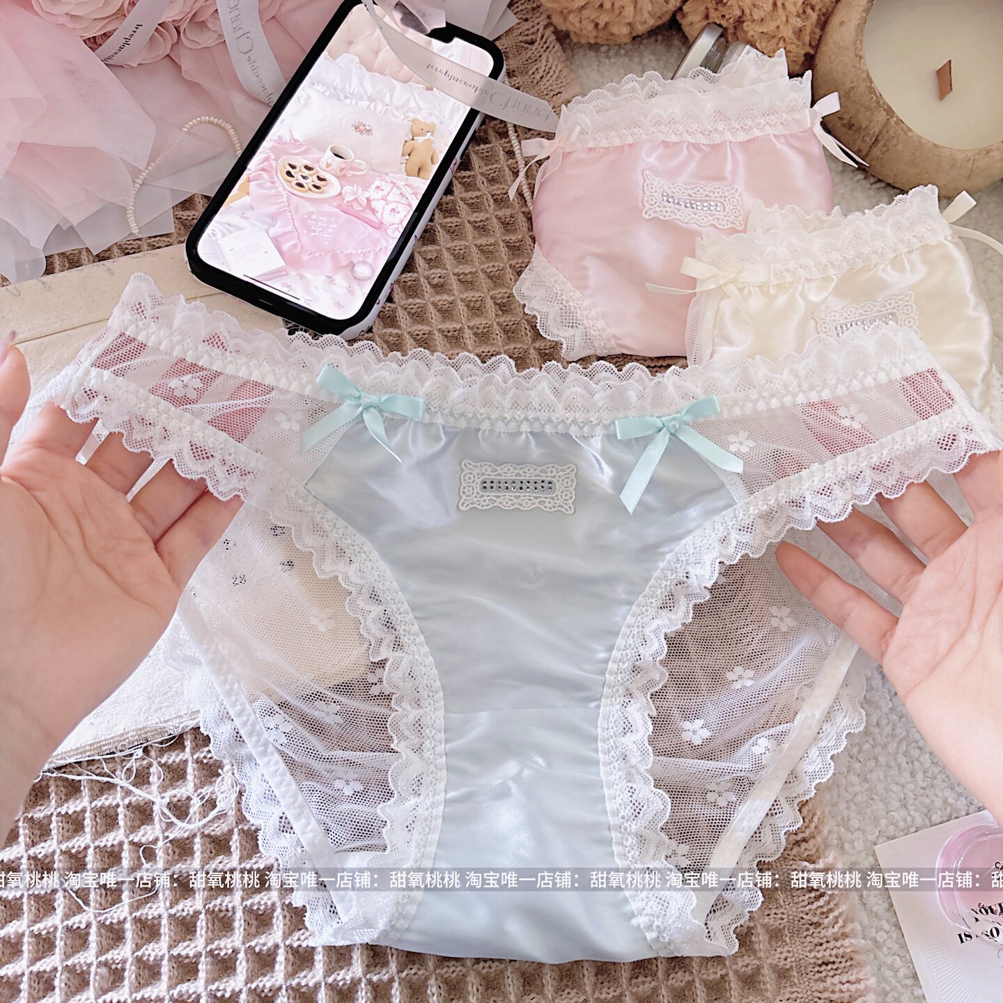 诱甜honey ～洛丽塔蕾丝花边缎面烫钻蝴蝶结女内裤夏季透气网纱