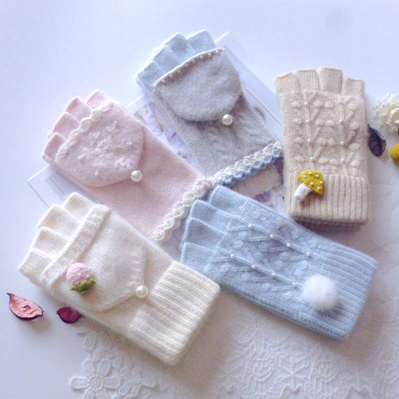 兔羊毛手工半指保暖五指手套